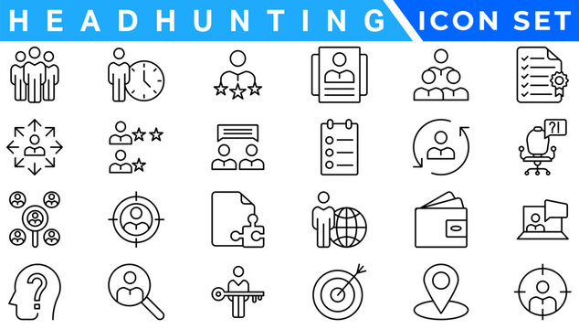 Headhunting And Human Resources minimal thin editable stroke icon set. Included the line icons as Recruitment, Career Goals, Resume or CV, and more.