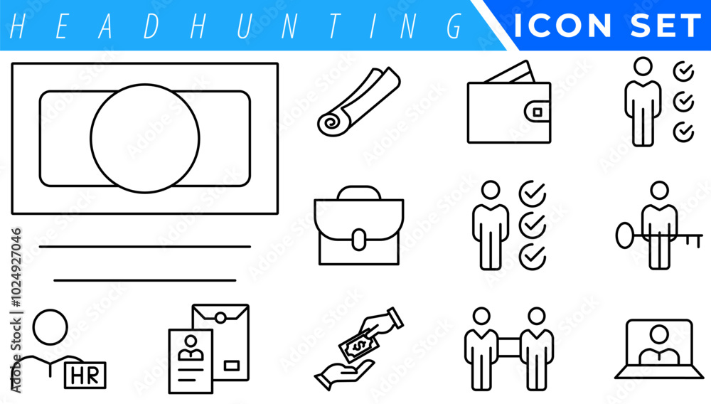 Poster headhunting and human resources minimal thin editable stroke icon set. included the line icons as re