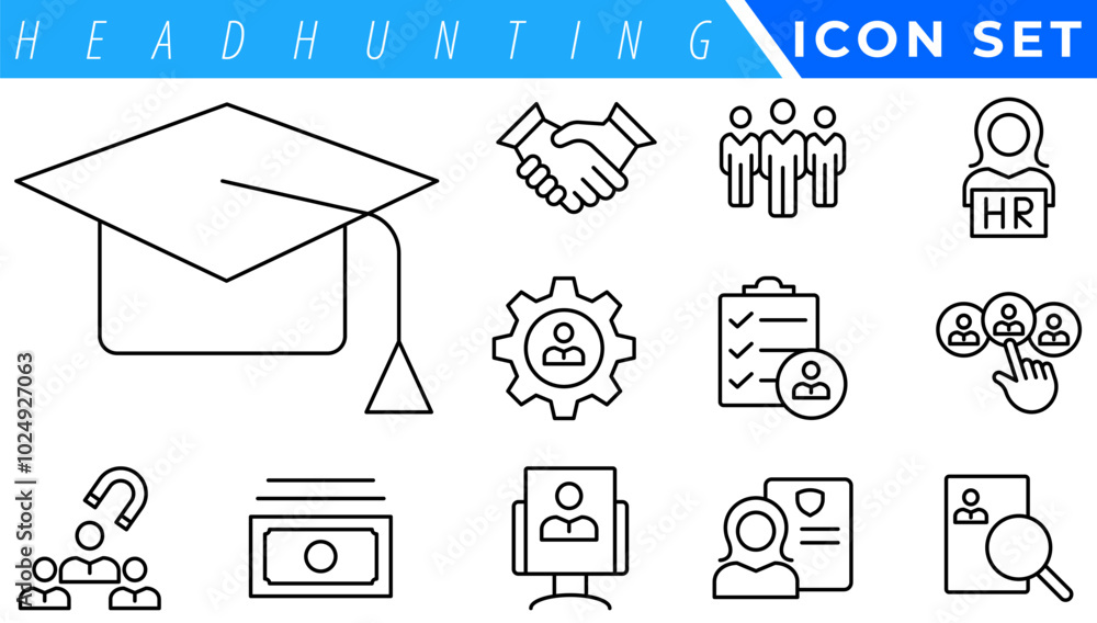 Poster headhunting and human resources minimal thin editable stroke icon set. included the line icons as re