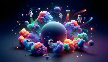 An outer space environment where planets, stars, and nebulas are created from floating clouds of colorful spray. The 3d rendered cartoon characters are astronauts or alien.