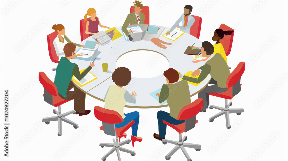 Poster collaborative meeting around circular table with diverse professionals engaged in discussion and bra