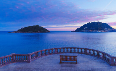 Donostia at sunrise. Viewpoint overlooking La Concha Bay and the city of Donostia-San Sebastian, Basque Country.