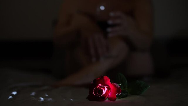 Red rose flower on bed and naked girl with glass of wine at night. Concept of problem women and alcohol. Morning after party. Blurry focus