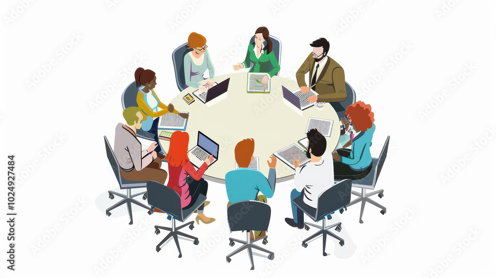 Poster collaborative meeting with diverse professionals around round table, engaged in discussion and using