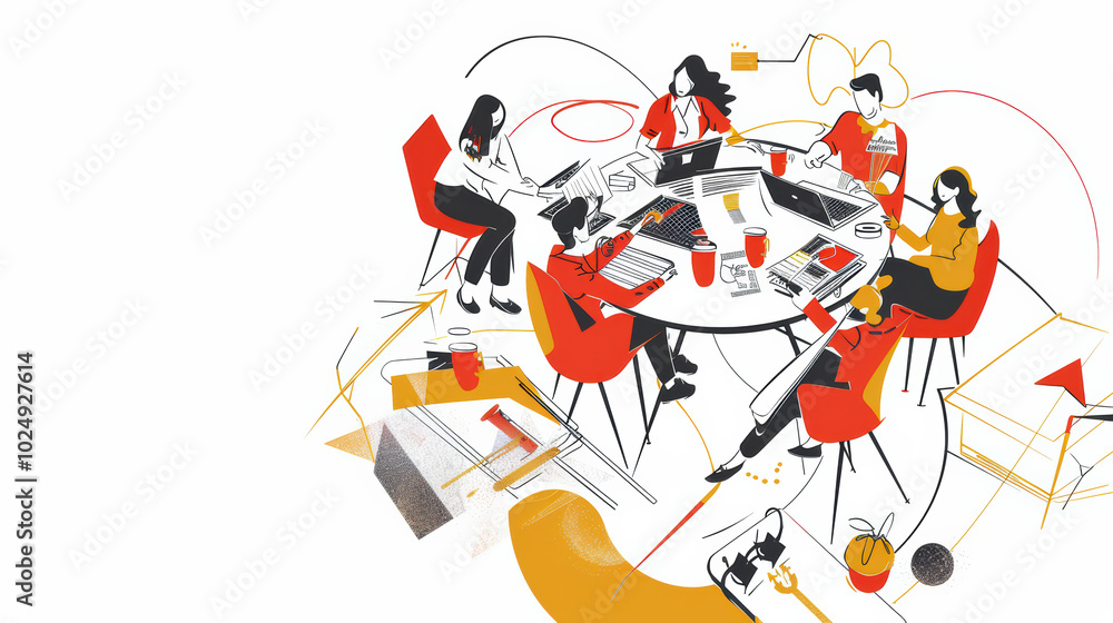 Aufkleber creative team collaboration in modern workspace, featuring diverse individuals engaged in discussion