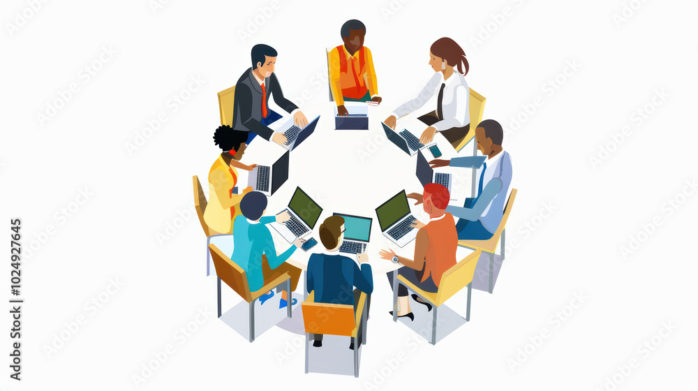 Poster collaborative team meeting with diverse professionals around circular table, engaged in discussion a