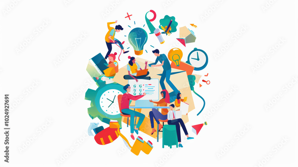 Poster creative teamwork and brainstorming are depicted in this vibrant illustration, showcasing diverse in
