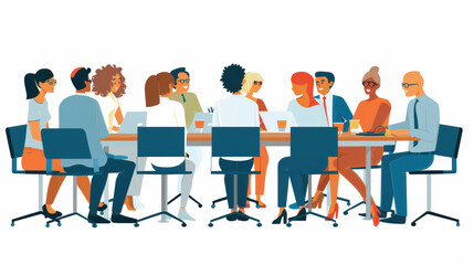 diverse group of people engaged in collaborative meeting around large table, showcasing teamwork and communication in professional setting