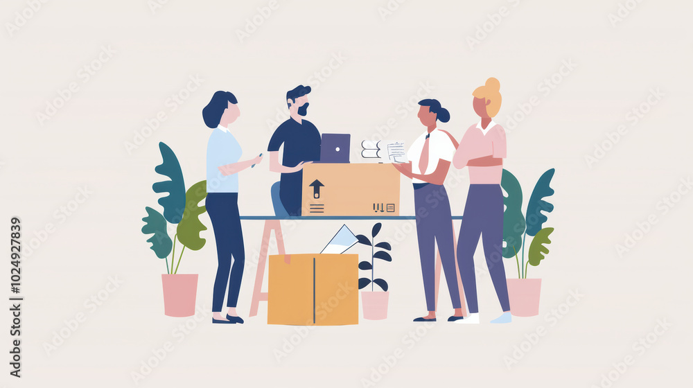 Poster group of four people collaborating around table with boxes and plants, showcasing teamwork and produ