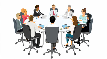 Collaborative business meeting with diverse professionals around circular table, discussing strategies and ideas. atmosphere is focused and engaging, highlighting teamwork and communication