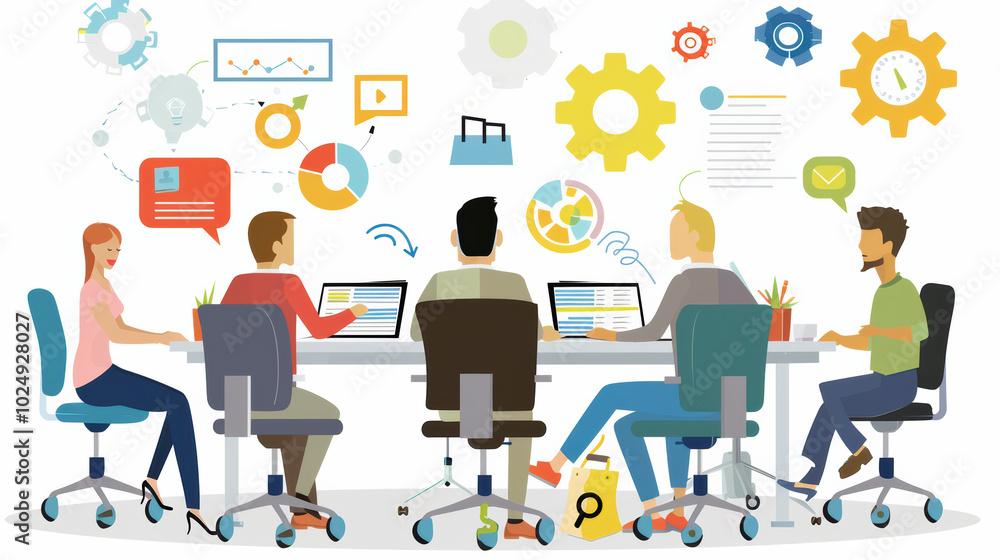 Poster diverse group of professionals collaborating in modern office setting, engaged in discussions and us