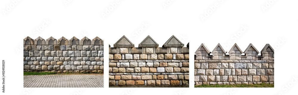 Poster a stone wall made of roughly cut rectangular blocks, the top of the wall is adorned with a repeating