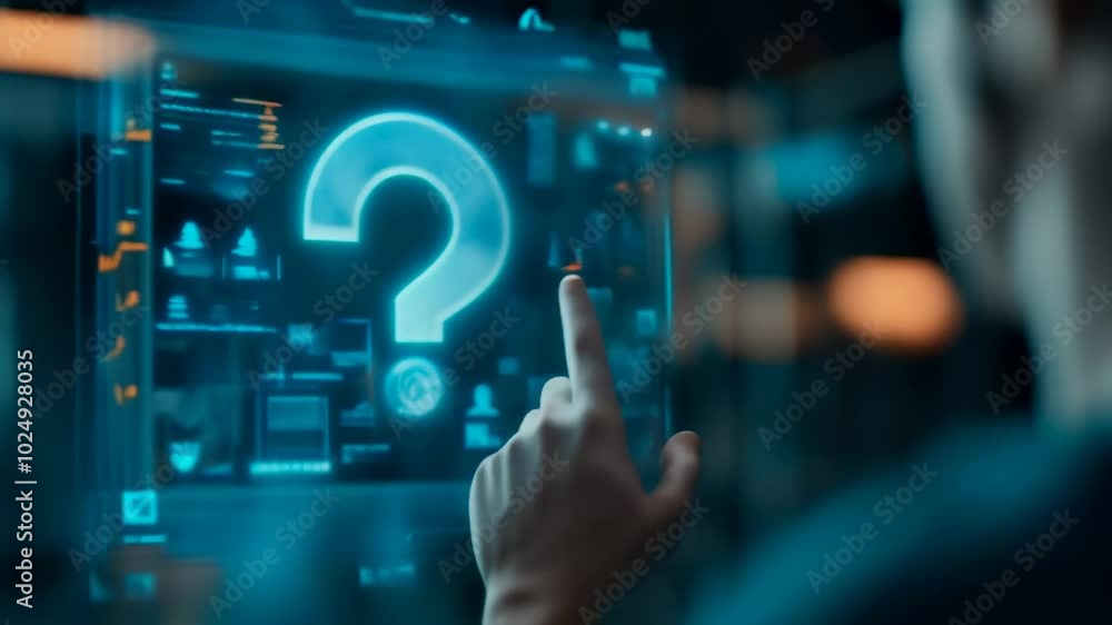 Poster Software developer is touching a large, glowing question mark on a transparent screen, symbolizing problem solving and innovation in technology