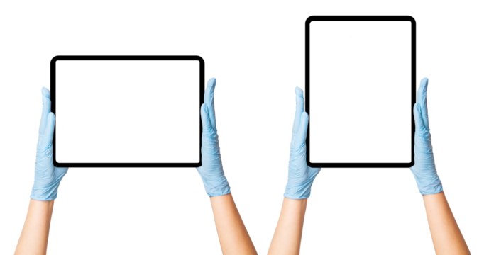 Set of hands in medical gloves holding an electronic tablet on an empty background. Telemedicine, healthcare applications, digital health solutions.