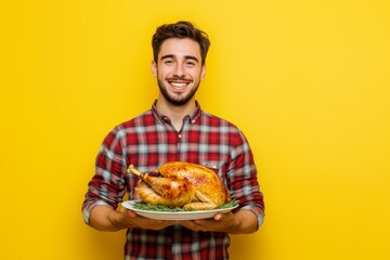 Smiling man in plaid shirt holding cooked turkey against yellow background thanksgiving