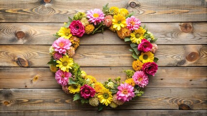 pink and yellow wreath on wooden background high angle view