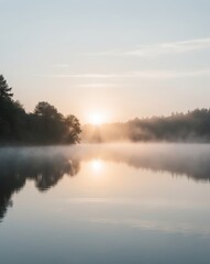 Fototapeta premium Serene Sunrise Over Calm Lake with Sunbeams.