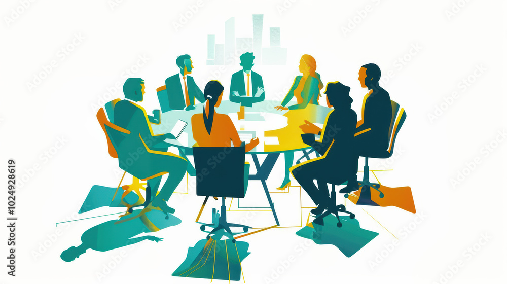 Poster diverse group of professionals engaged in collaborative meeting around circular table, showcasing te
