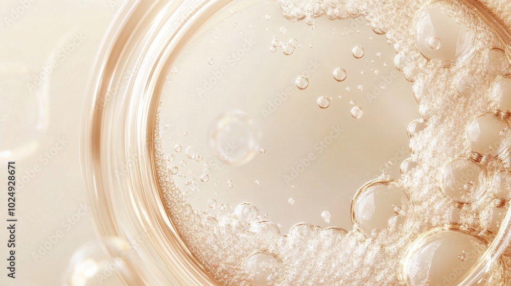 Poster bubbles float gracefully in soft, golden liquid, creating serene and calming atmosphere. delicate in
