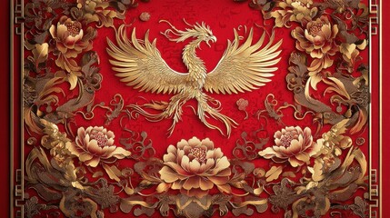 Elegant Gold Phoenix on Red Silk Background
