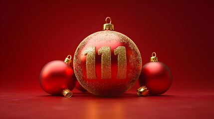 A festive red ornament with the number 111, surrounded by similar baubles.