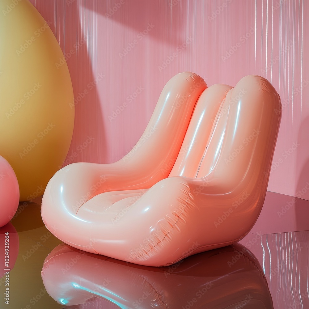 Poster a pastel pink inflatable chair resting on a glossy platform with soft abstract shapes in the backgro