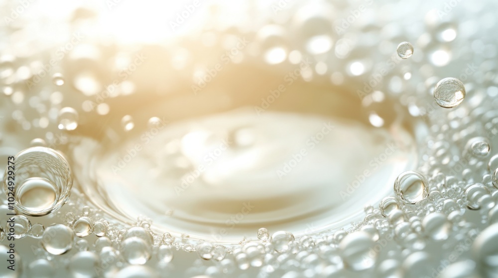 Poster bubbles float gracefully in serene water surface, reflecting light and creating tranquil atmosphere.