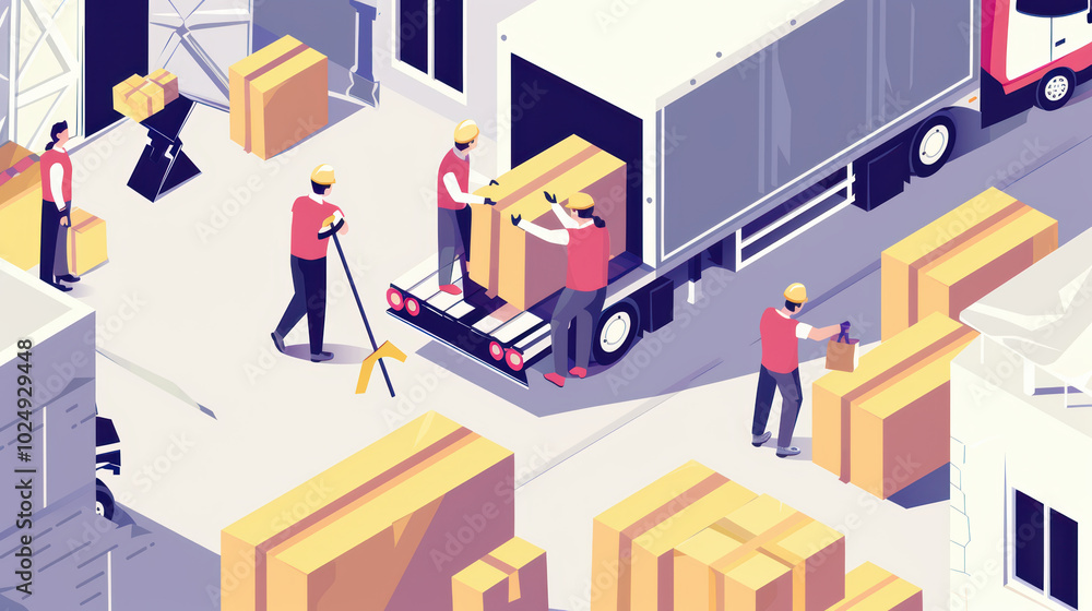 Poster efficient workers loading boxes onto truck in busy warehouse environment, showcasing teamwork and or
