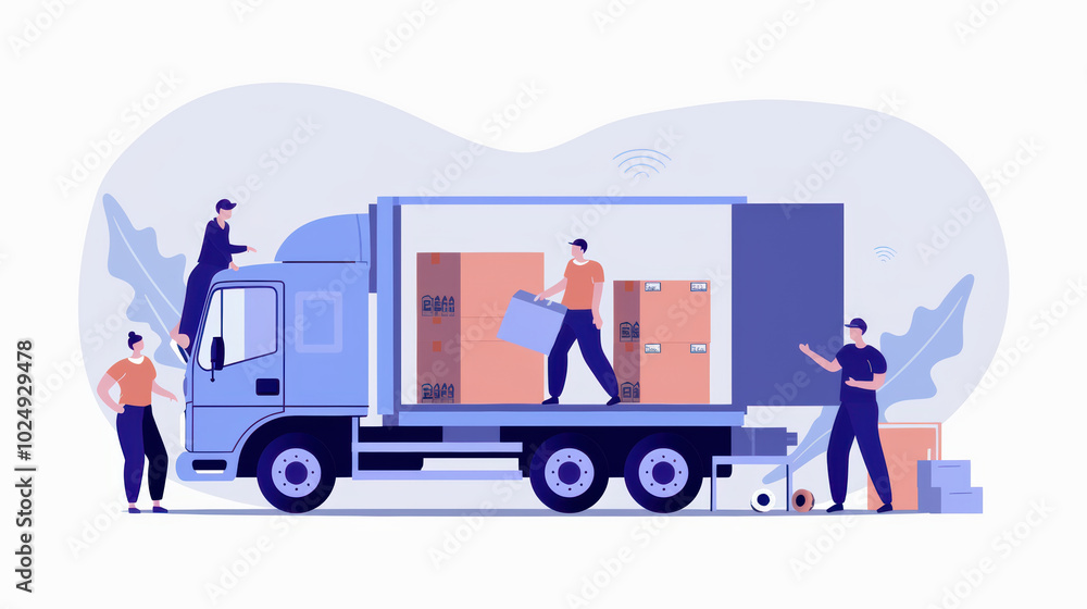 Poster efficient delivery process with truck loading boxes, showcasing teamwork and logistics. scene highli