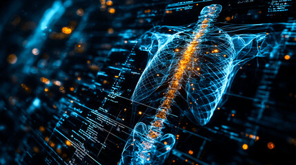 A digital rendering of a human skeleton, with glowing points of light, overlaid on a screen of data.