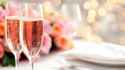 Two glasses of sparkling rosé wine set a romantic tone with soft bokeh lights, AI
