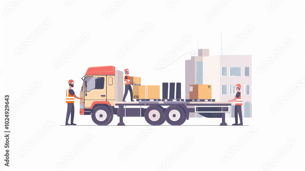 Poster efficient delivery process with workers loading boxes onto truck in modern urban setting. scene capt