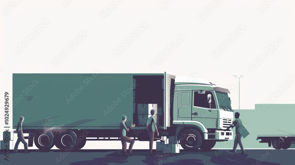 Poster efficient loading and unloading of cargo from delivery truck showcases teamwork and logistics in act