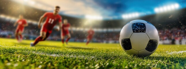 football player in red jersey is sprinting towards soccer ball on vibrant field, with stadium lights illuminating scene. atmosphere is filled with excitement and anticipation