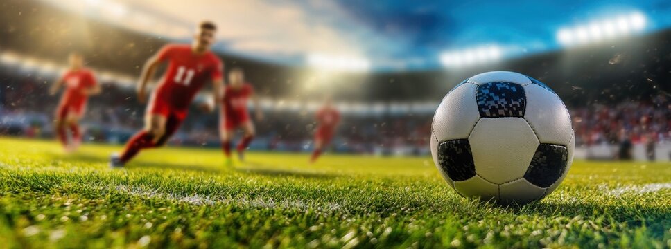 football player in red jersey is sprinting towards soccer ball on vibrant field, with stadium lights illuminating scene. atmosphere is filled with excitement and anticipation