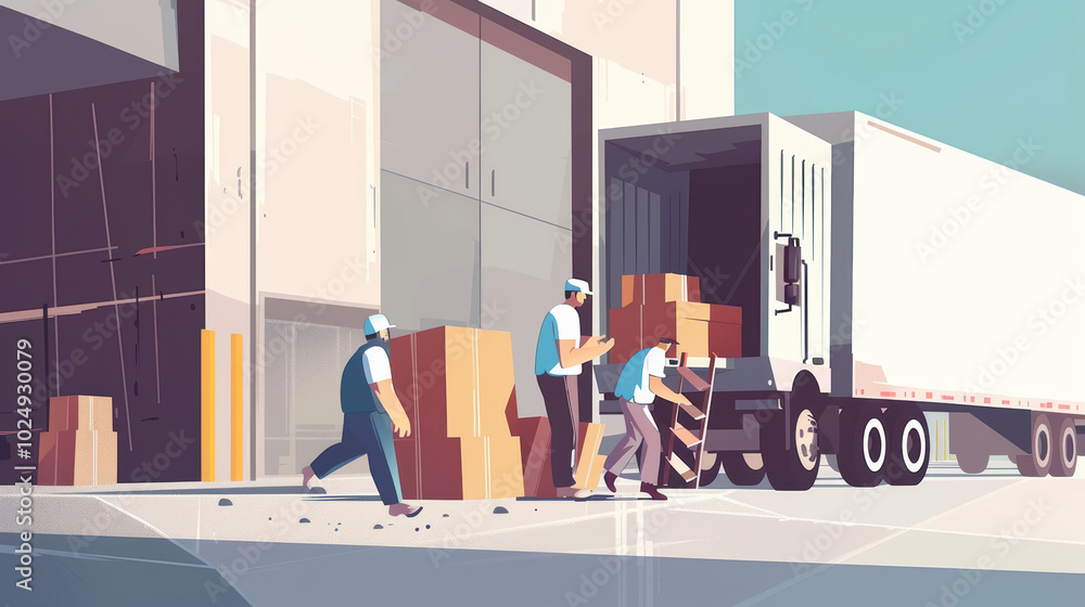 Poster efficient workers unloading boxes from delivery truck at warehouse, showcasing teamwork and producti