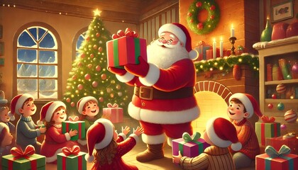 Santa Claus Bringing Holiday Cheer by Giving Presents to Children in a Cozy, Pastel-Colored Storybook Scene Filled with Magic and Warmth