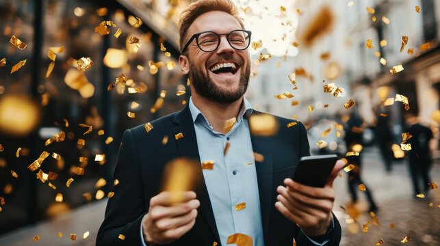 joyful businessman celebrating success with confetti falling around him, holding smartphone in one hand. His expression radiates happiness and achievement