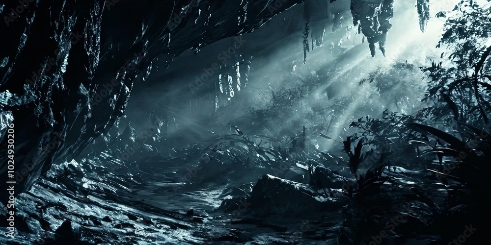 Poster a dark cave with a light shining through the trees