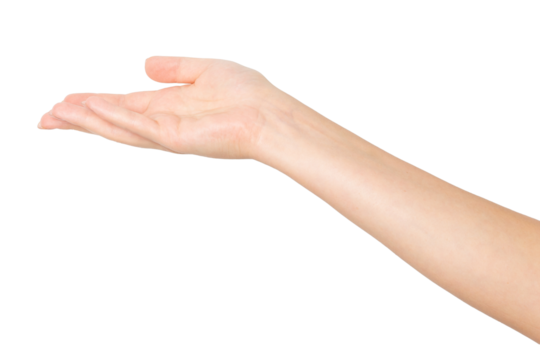 Hand with palm facing up on an empty background. Offering gesture, openness, invitation.