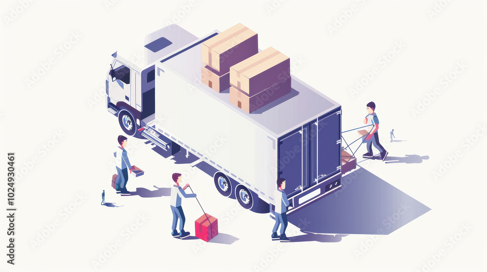 Poster efficient delivery process with workers unloading boxes from truck, showcasing teamwork and logistic