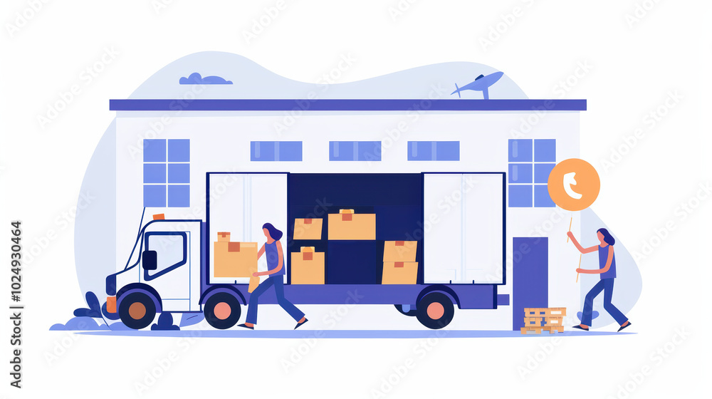 Poster efficient delivery service with truck unloading boxes at warehouse, showcasing teamwork and logistic