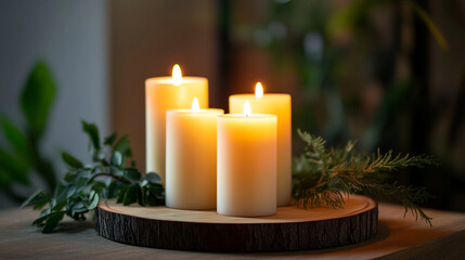 Warm ambiance created by glowing candles arranged on a wooden platter with greenery indoors