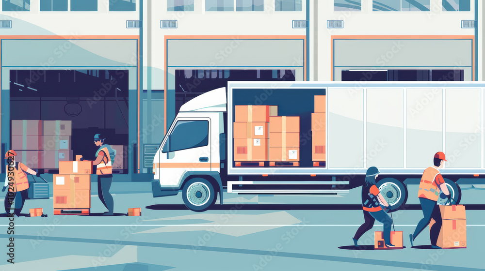 Poster efficient logistics scene with workers loading boxes into delivery truck, showcasing teamwork and or