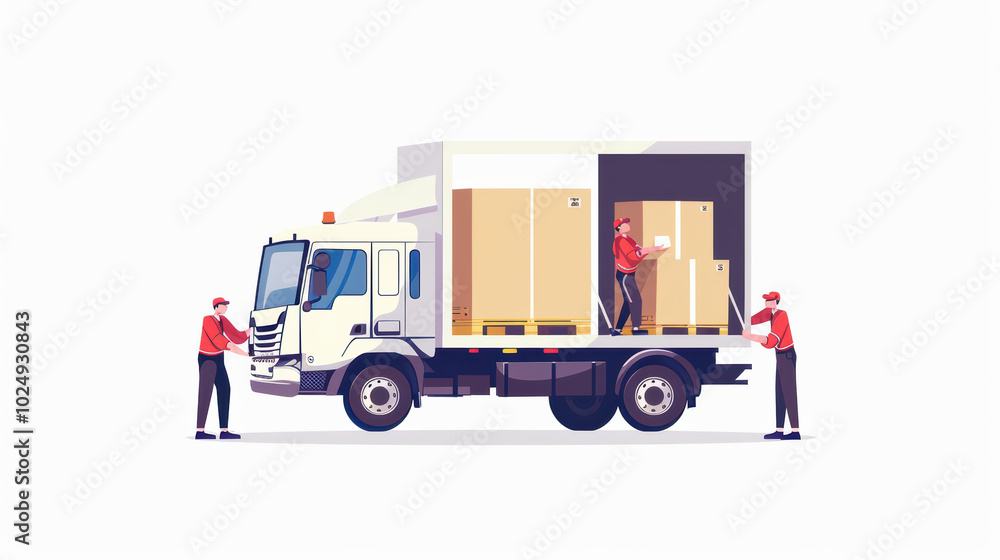 Poster efficient delivery service with workers loading boxes into truck, showcasing teamwork and logistics.