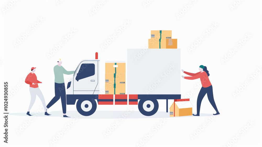 Poster efficient delivery team loading boxes into truck, showcasing teamwork and logistics. scene emphasize