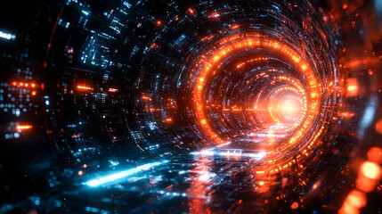 Obraz premium A futuristic, abstract tunnel with bright red and blue neon lights.
