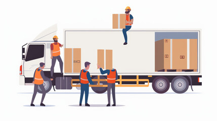 Efficient workers are loading boxes onto delivery truck, showcasing teamwork and productivity in logistics setting. scene highlights importance of collaboration in transportation
