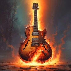 Illustration of guitar with flame and fire.