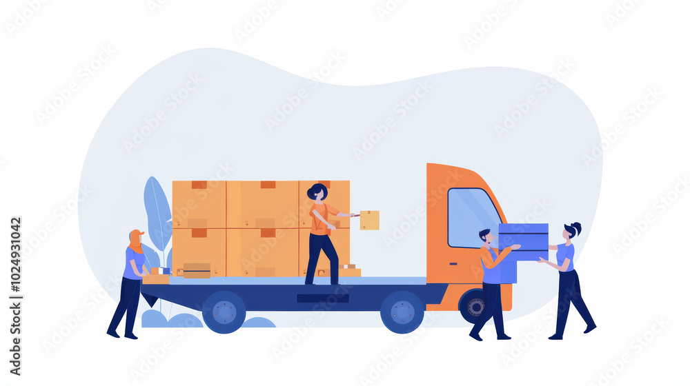 Poster efficient delivery service with workers loading boxes onto truck, showcasing teamwork and logistics.